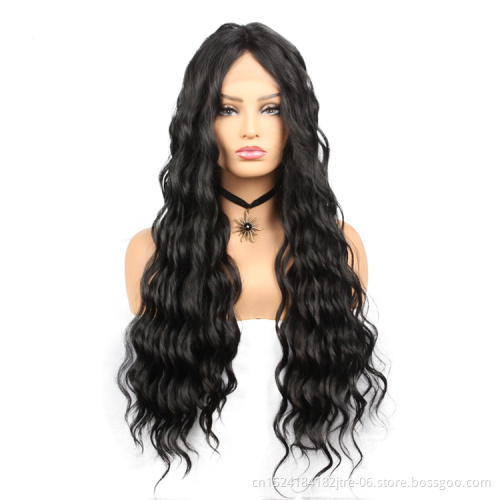 high density long deep curly synthetic lace front wig, middle part natural color long synthetic wig in stock